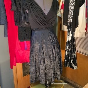 Taffeta, beads, mock wrap dress